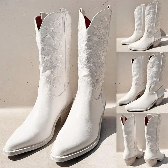 NEW White Cowboy Western Embroidered Stitch Pointy Toe Block Heel Mid Calf Boots - Picture 12 of 13